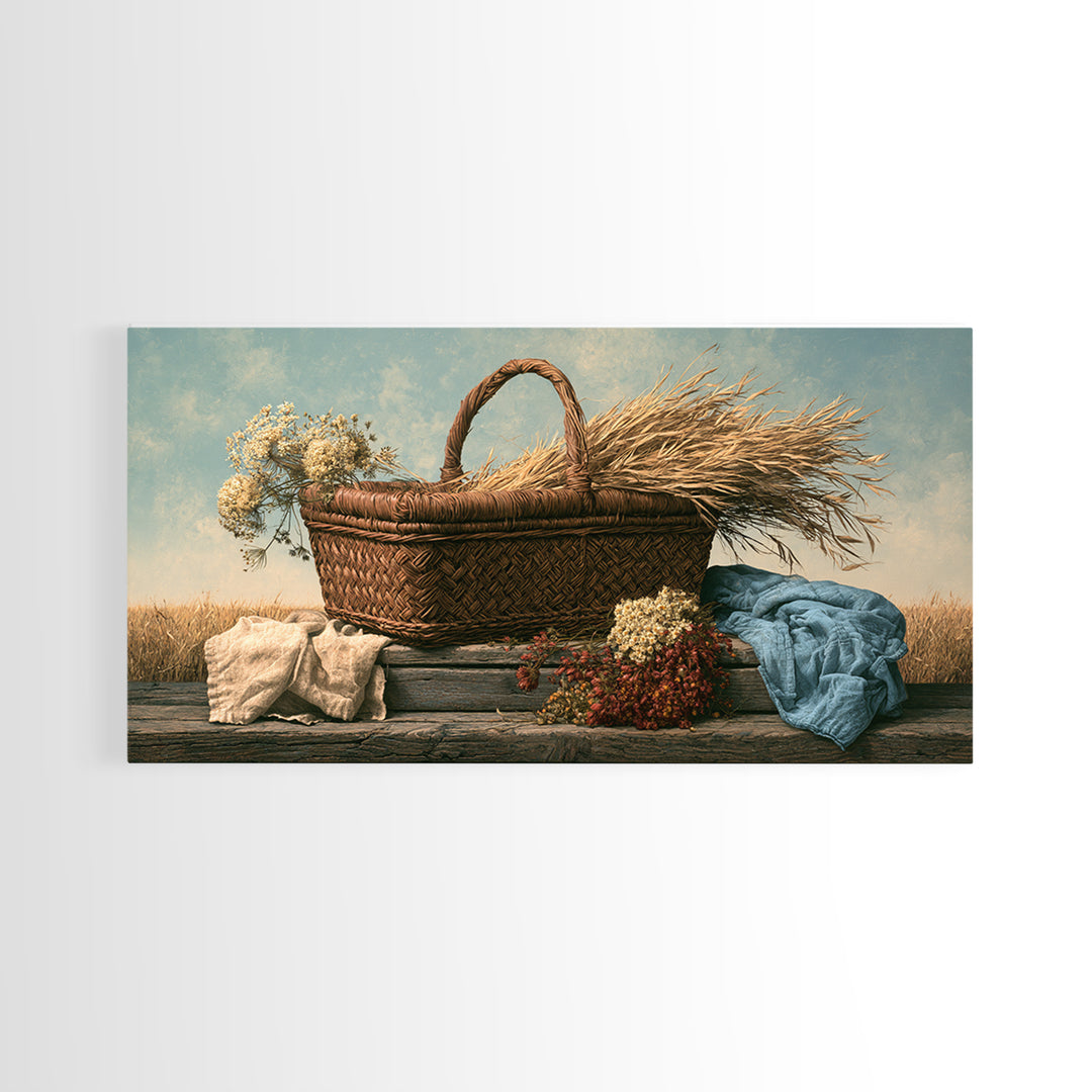 Handwoven Basket with Dried Grasses Framed Canvas Print, Rustic Art, Fine Art Print, Farmhouse Decor, Fine Art, Rustic, RUS-2x1-20