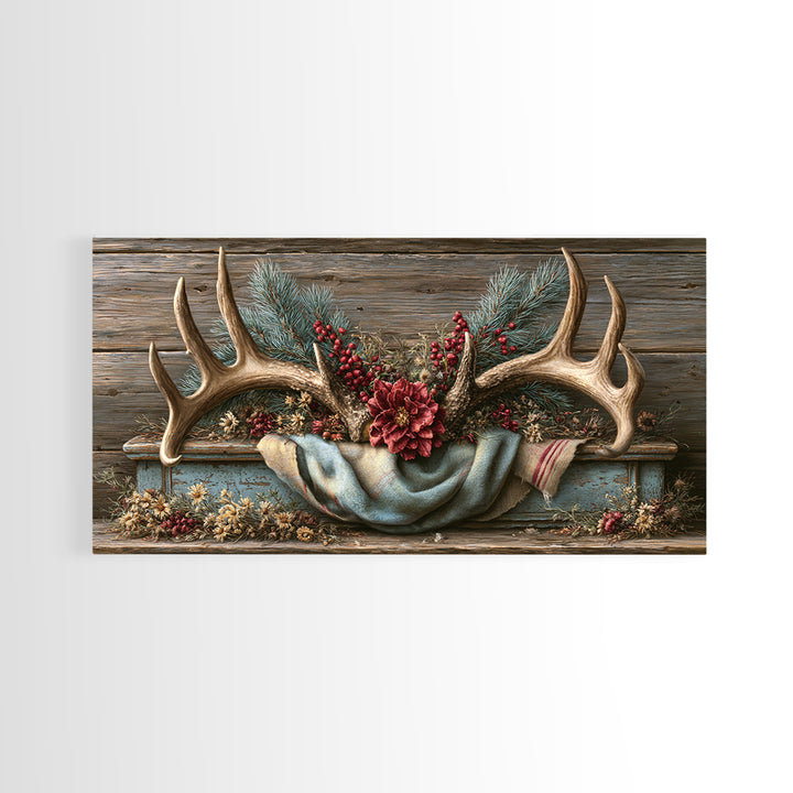 Deer Antlers with Pine Branches and Berries Canvas Print, Rustic Art, Statement Artwork, Farmhouse Decor, Fine Art, Rustic, RUS-2x1-22