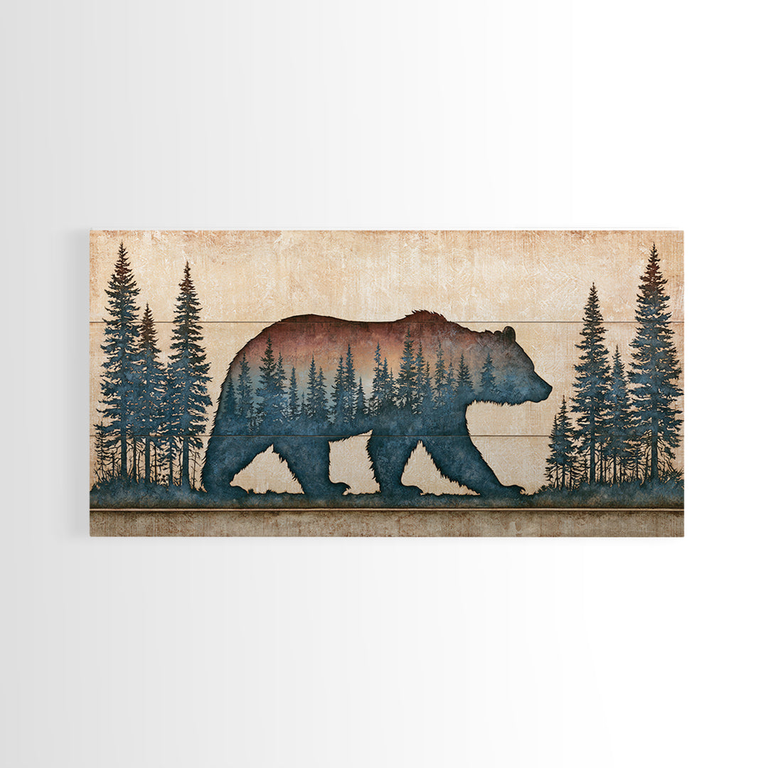 Bear Silhouette Among Pine Trees Framed Canvas Print, Rustic Art, Modern Decor, Farmhouse Decor, Oil Painting, Rustic, RUS-2x1-27