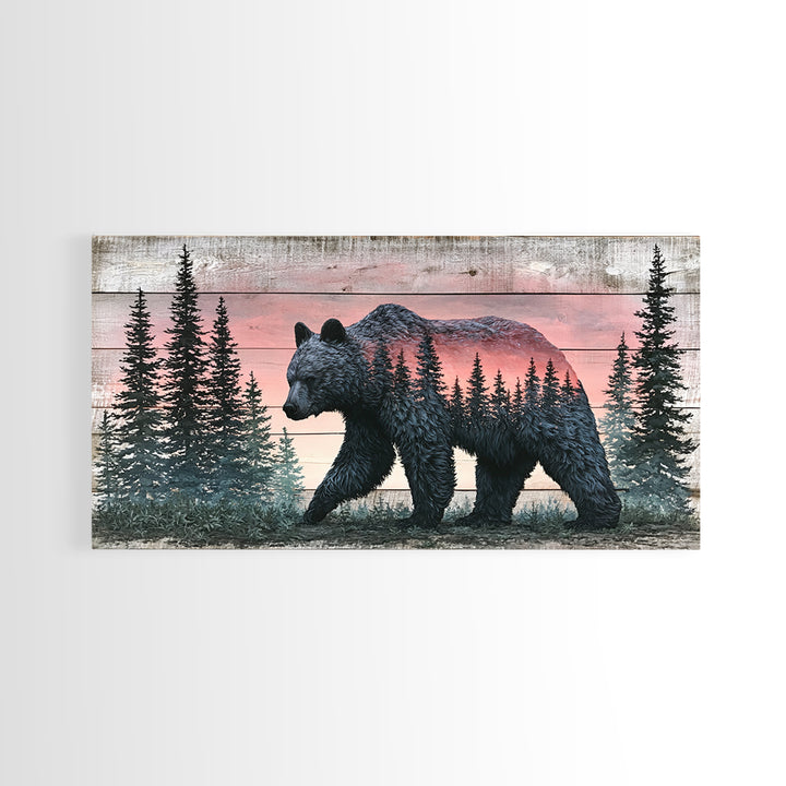 Bear Silhouette Among Pine Trees Framed Canvas Print, Rustic Art, Printable Art, Farmhouse Decor, Rustic, Farmhouse Wall Art, RUS-2x1-3