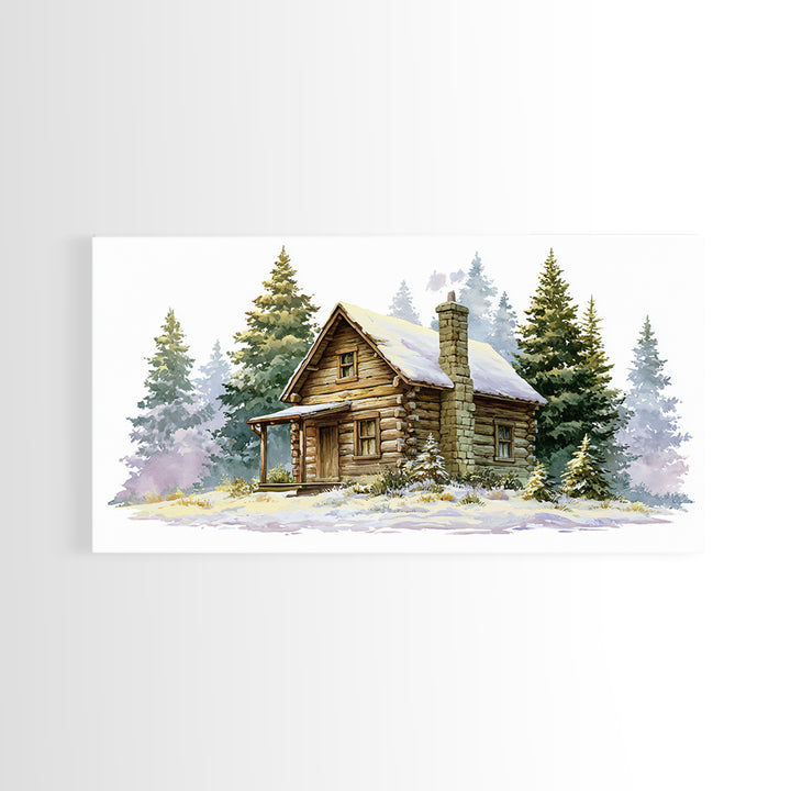 Log Cabin with Snowy Pines Framed Canvas Print, Rustic Art, Farmhouse Decor, Oil Painting, Rustic, Wood Wall Art, RUS-2x1-35