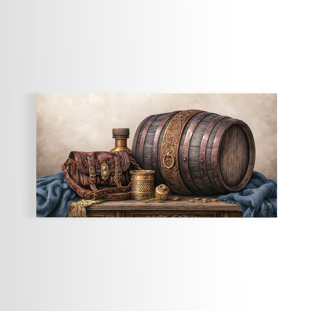 Whiskey Barrel and Leather Still Life Canvas Print, Rustic Art, Digital Prints, Farmhouse Decor, Oil Painting, Rustic, RUS-2x1-39