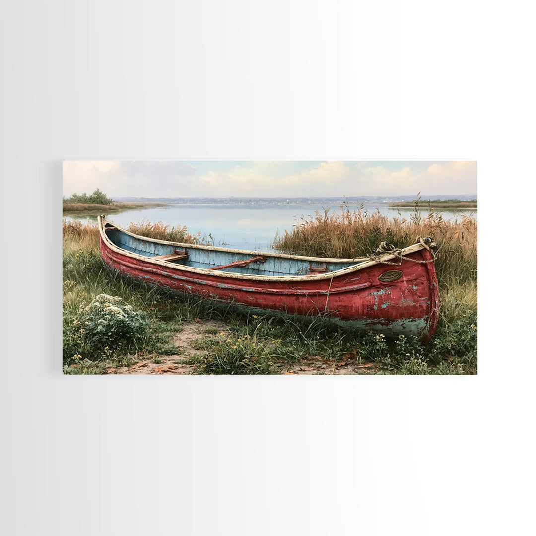 Old Canoe Pulled Onto a Lake Shore Framed Canvas Print, Rustic Art, Home Decor, Farmhouse Decor, Rustic, Living Room Decor, RUS-2x1-40