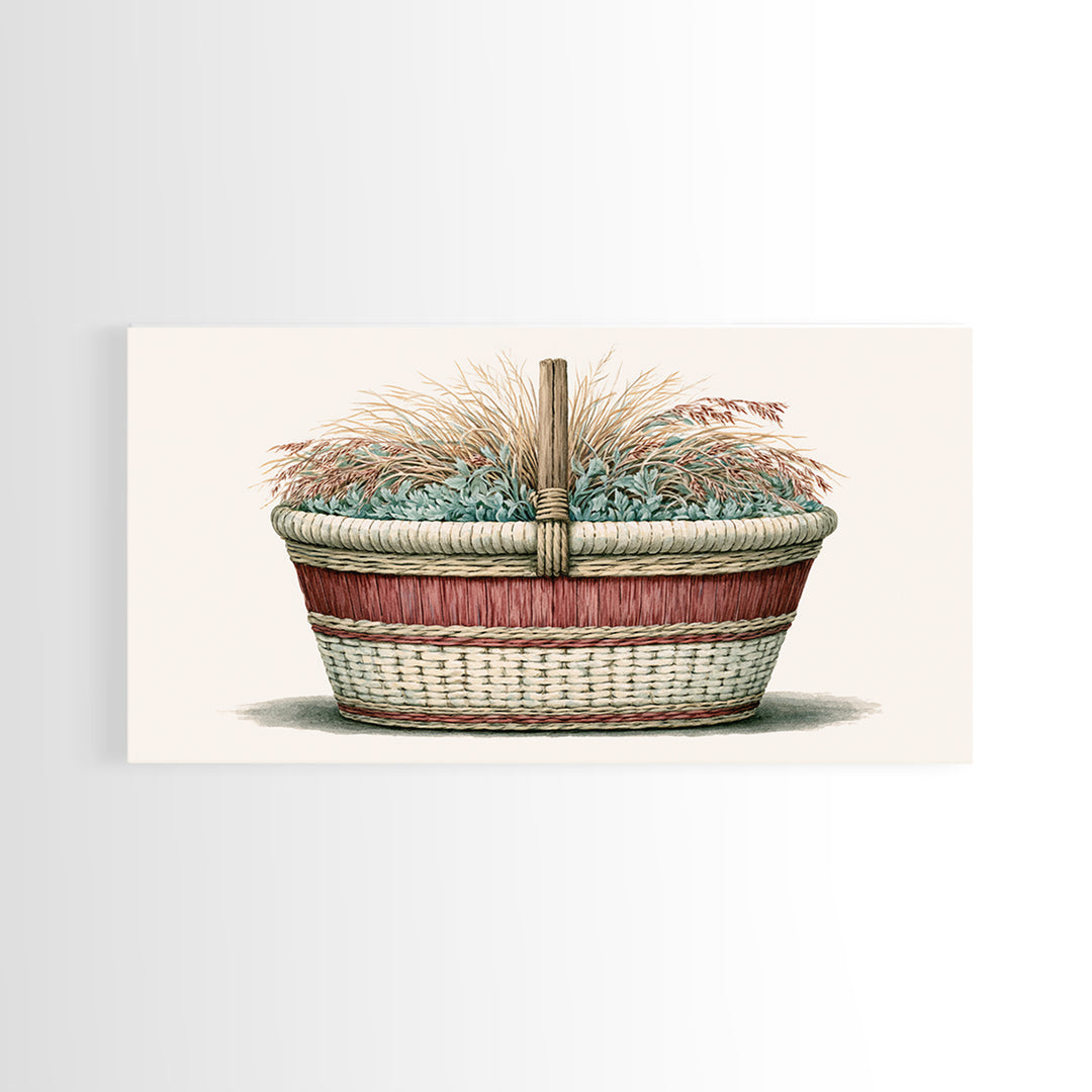 Handwoven Basket with Dried Grasses Canvas Print, Rustic Art, Textured Painting, Farmhouse Decor, Abstract Art, Rustic, RUS-2x1-44