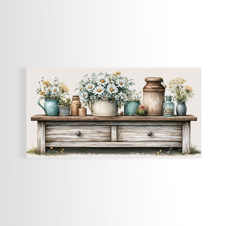 Weathered Barn Wood and Wildflower Still Life Framed Canvas Print, Rustic Art, Digital Art, Farmhouse Decor, Oil Painting, RUS-2x1-45