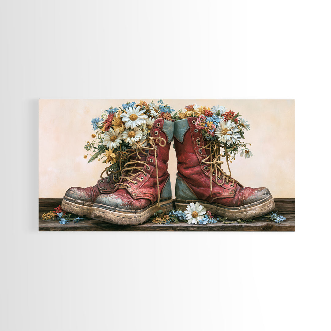 Old Boots Filled Framed Canvas Print, Rustic Art, Minimalist Decor, Farmhouse Decor, Oil Painting, Rustic, Printable Art, RUS-2x1-50