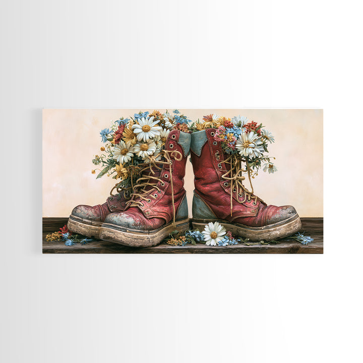 Old Boots Filled Framed Canvas Print, Rustic Art, Minimalist Decor, Farmhouse Decor, Oil Painting, Rustic, Printable Art, RUS-2x1-50