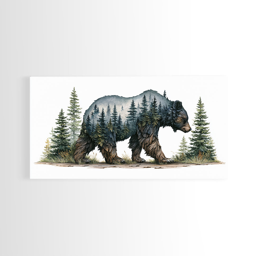 Bear Silhouette Among Pine Trees Framed Canvas Print, Rustic Art, Farmhouse Decor, Watercolor Art, Rustic, Gallery Wall Art, RUS-2x1-51