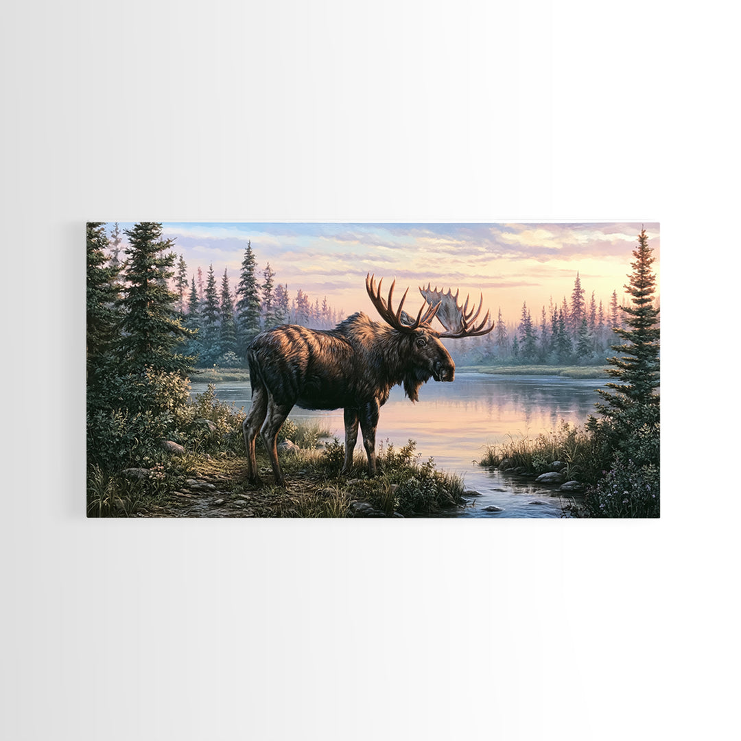 Moose Standing by a Quiet Lake Canvas Print, Rustic Art, Oil Painting, Farmhouse Decor, Fine Art, Rustic, Modern Art, RUS-2x1-53