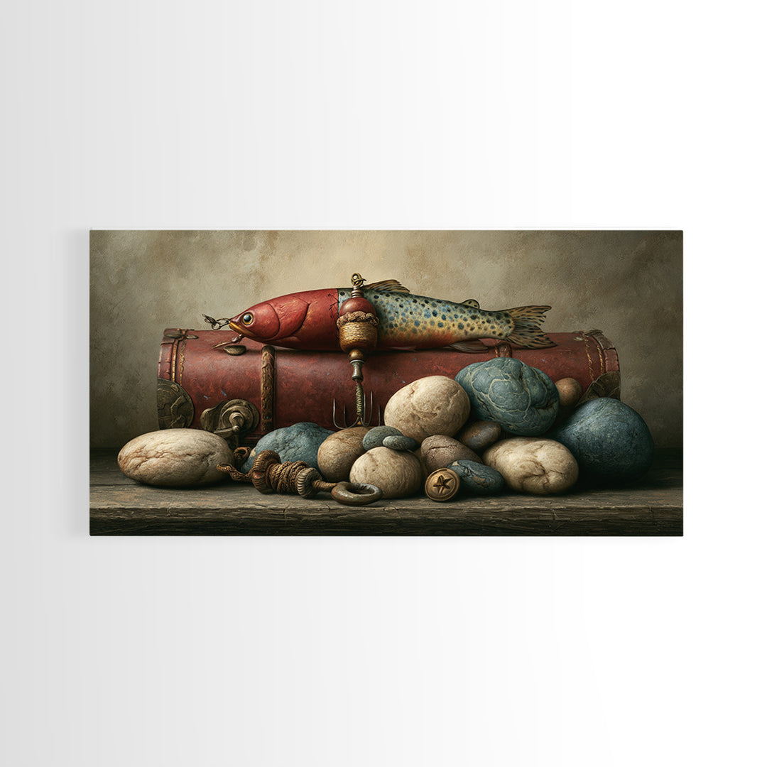 Trout Fishing Lure and River Stones Canvas Print, Rustic Art, Wall Art, Farmhouse Decor, Fine Art, Rustic, Living Room Decor, RUS-2x1-58
