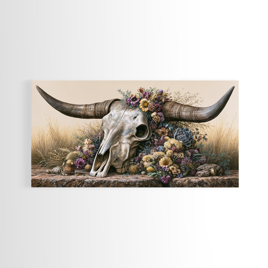 Cow Skull with Desert Flowers Canvas Print, Rustic Art, Digital Prints, Farmhouse Decor, Fine Art, Rustic, 3d Wall Art, RUS-2x1-61