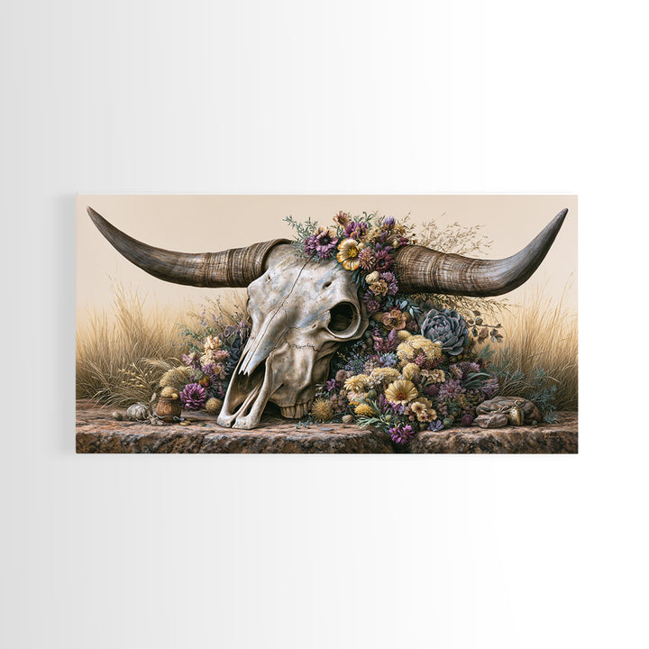 Cow Skull with Desert Flowers Canvas Print, Rustic Art, Digital Prints, Farmhouse Decor, Fine Art, Rustic, 3d Wall Art, RUS-2x1-61