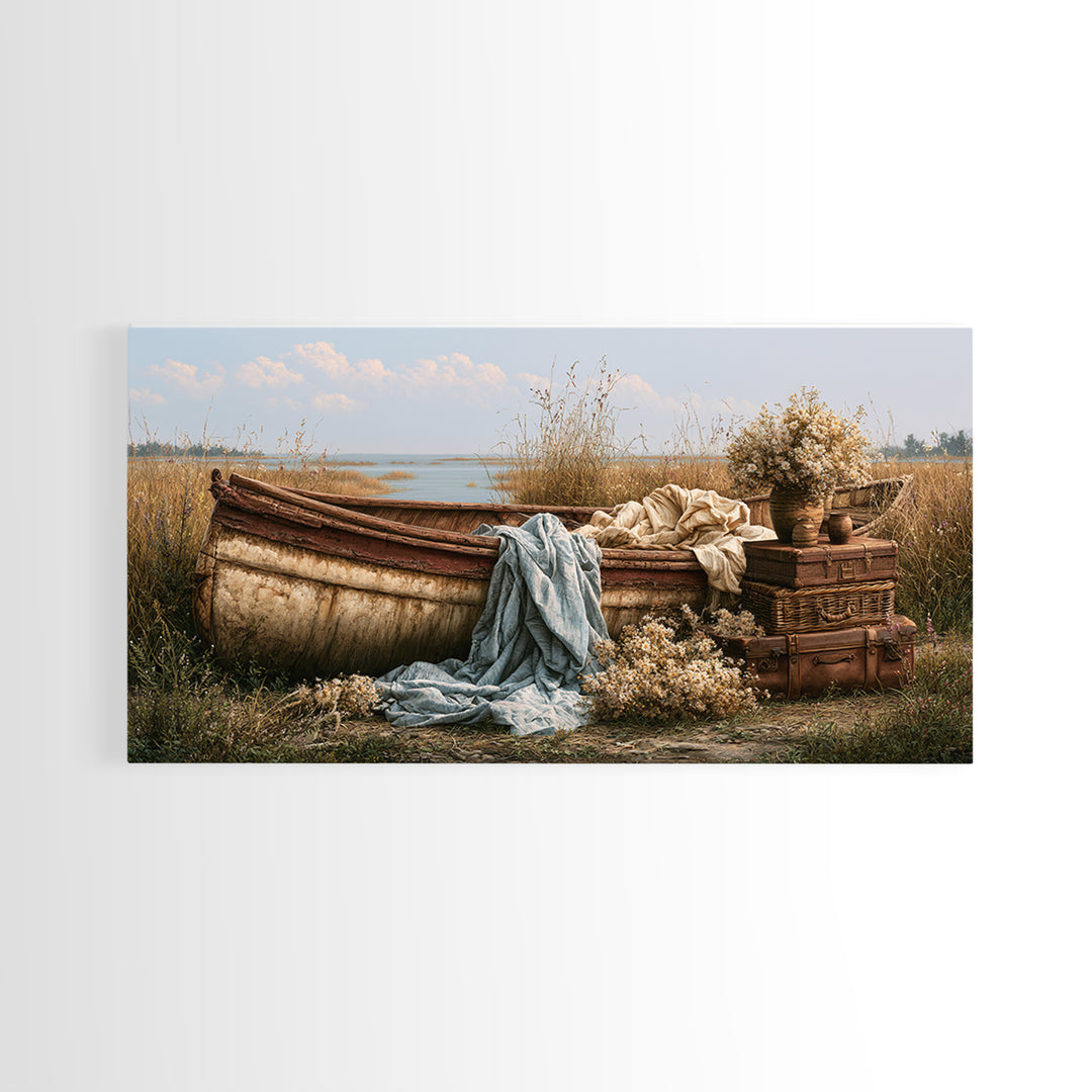 Old Canoe Pulled Onto a Lake Shore Canvas Print, Rustic Art, Printable Wall Art, Farmhouse Decor, Oil Painting, Rustic, RUS-2x1-64