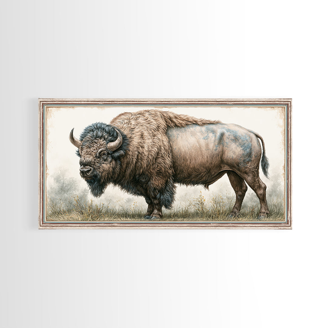 Buffalo Portrait with Western Texture Canvas Print, Rustic Art, Textured Painting, Farmhouse Decor, Fine Art, Rustic, RUS-2x1-66