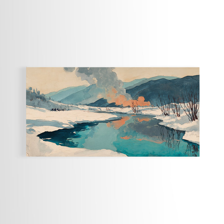 Winter Mountain Scene Framed Canvas Print, Rustic Art, Downloadable Art, Farmhouse Decor, Fine Art, Rustic, Textured Painting, RUS-2x1-67