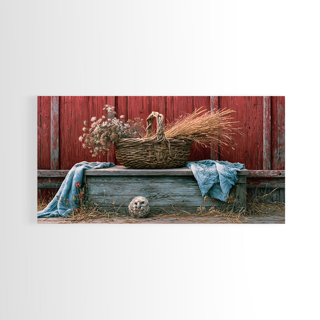 Handwoven Basket with Dried Grasses Canvas Print, Rustic Art, Oil Painting, Farmhouse Decor, Watercolor Art, Rustic, Modern Art, RUS-2x1-68