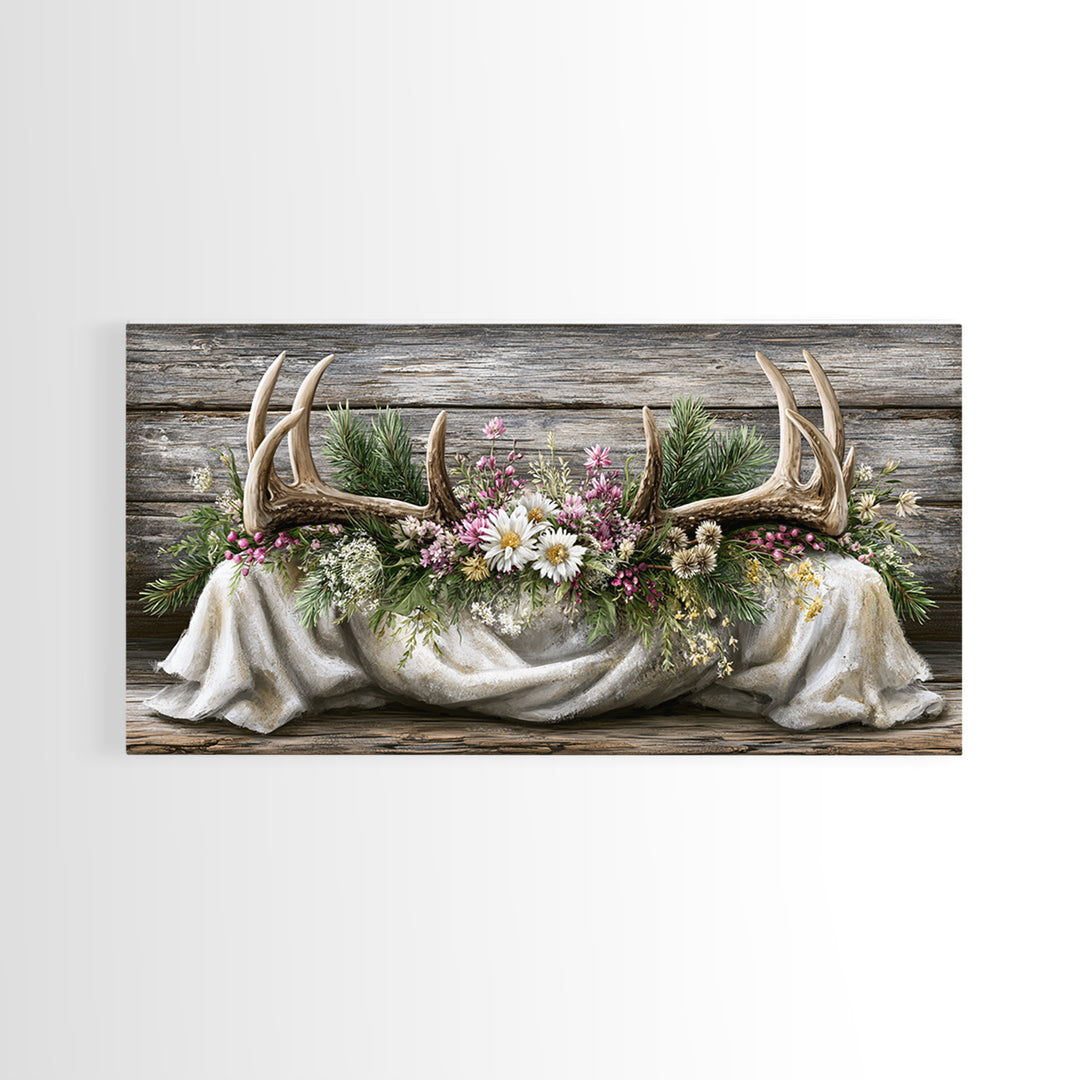 Deer Antlers with Pine Branches and Berries Canvas Print, Rustic Art, Painting, Farmhouse Decor, Oil Painting, Rustic, RUS-2x1-70