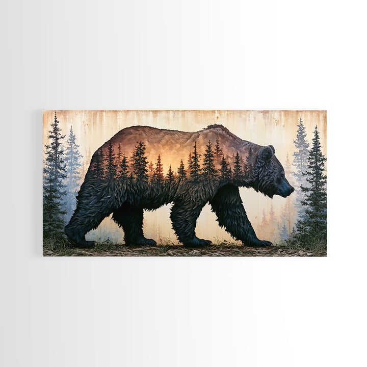 Bear Silhouette Among Pine Trees Framed Canvas Print, Rustic Art, Statement Artwork, Farmhouse Decor, Fine Art, Rustic, RUS-2x1-75