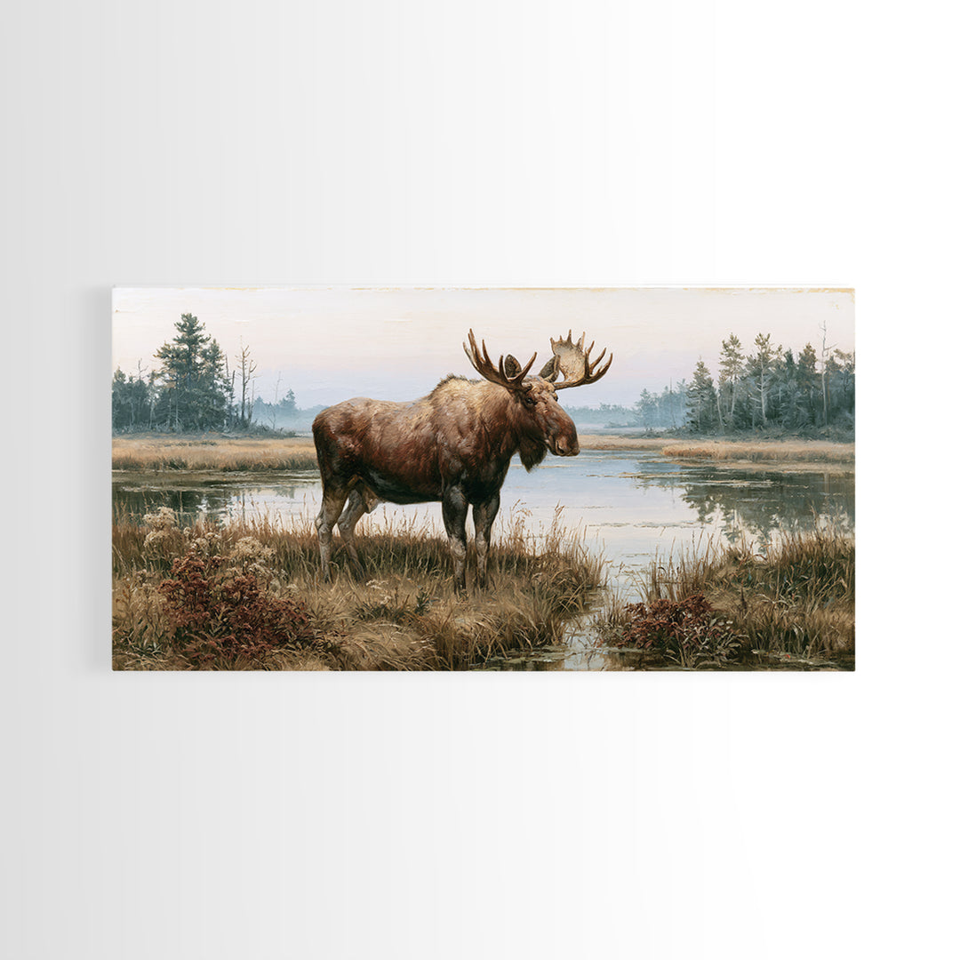 Moose Standing by a Quiet Lake Canvas Print, Rustic Art, Oil Painting, Farmhouse Decor, Fine Art, Rustic, Modern Art, RUS-2x1-77