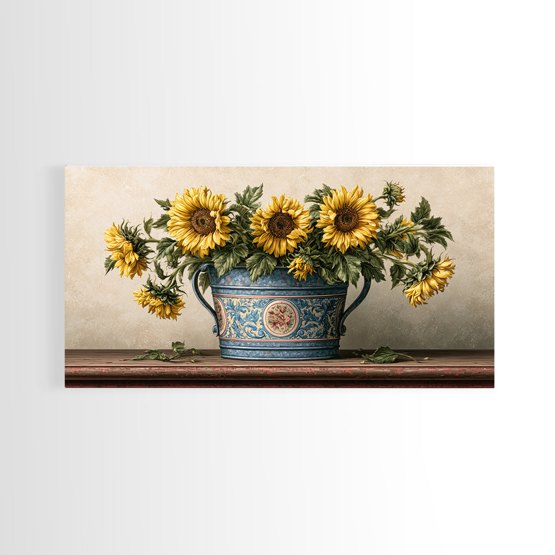 Sunflowers in a Metal Bucket Framed Canvas Print, Rustic Art, 3d Wall Art, Farmhouse Decor, Oil Painting, Rustic, RUS-2x1-80