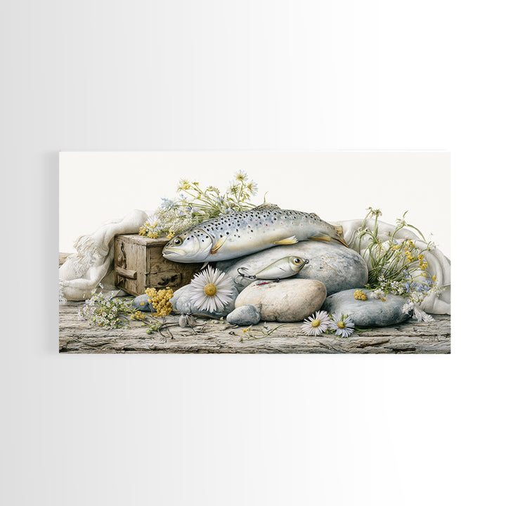 Trout Fishing Lure and River Stones Canvas Print, Rustic Art, Wall Art, Farmhouse Decor, Fine Art, Rustic, Living Room Decor, RUS-2x1-82