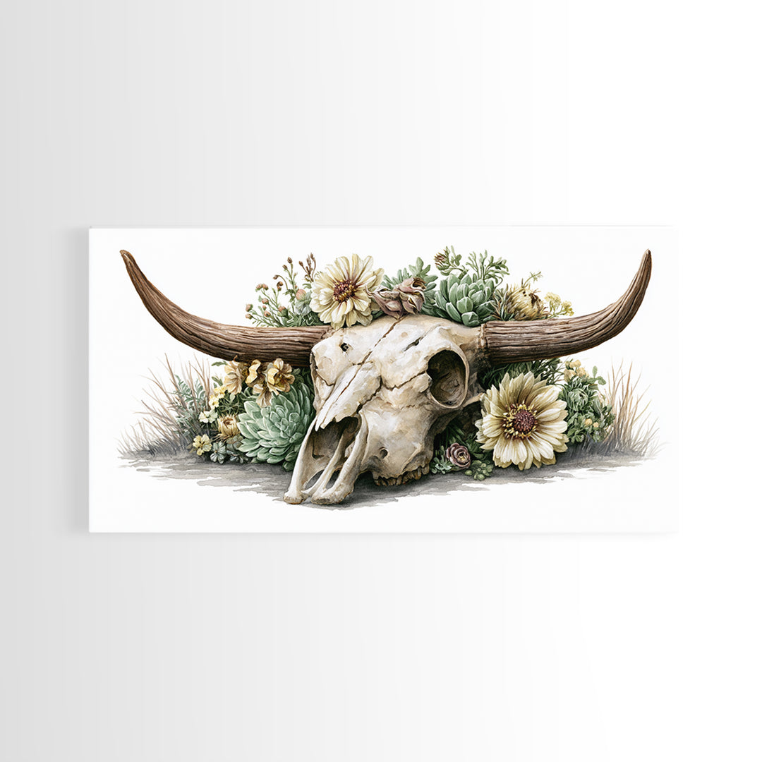 Cow Skull with Desert Flowers Framed Canvas Print, Rustic Art, Wood Wall Art, Farmhouse Decor, Rustic, Eclectic Wall Art, RUS-2x1-85