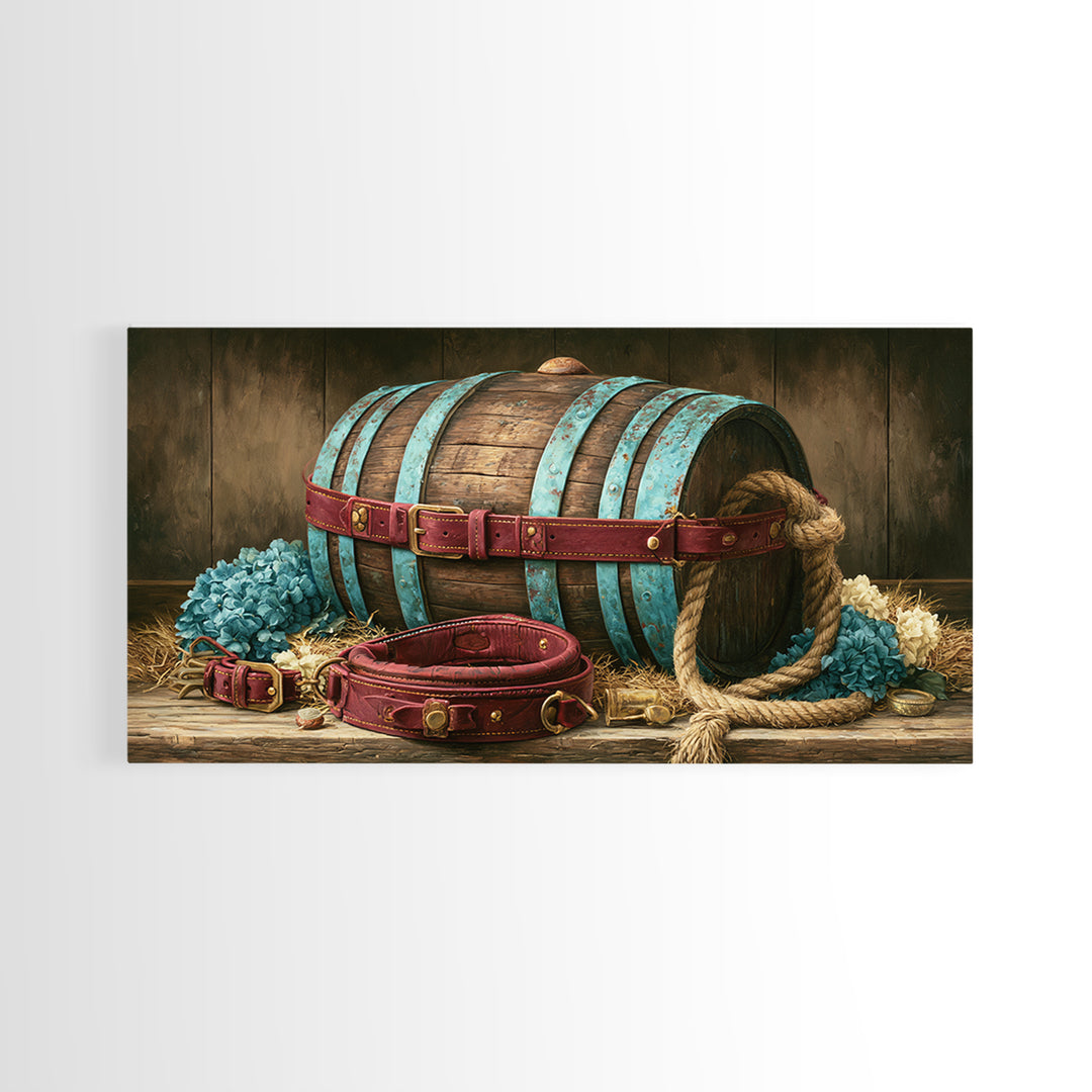 Whiskey Barrel and Leather Still Life Framed Canvas Print, Rustic Art, Landscape Painting, Farmhouse Decor, Fine Art, Rustic, RUS-2x1-87