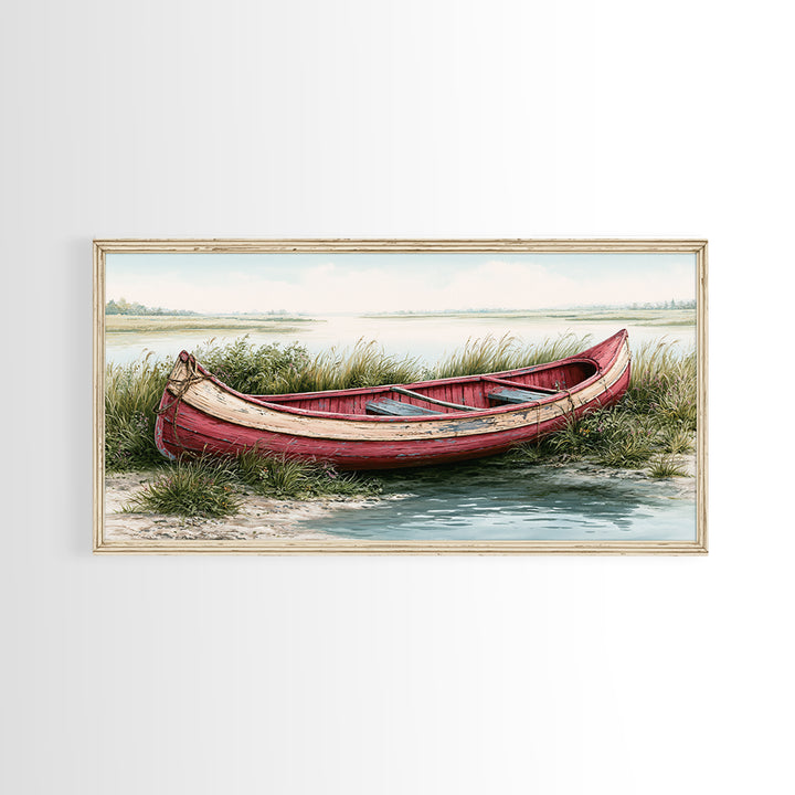 Old Canoe Pulled Onto a Lake Shore Framed Canvas Print, Rustic Art, Farmhouse Decor, Fine Art, Rustic, Gallery Wall Art, RUS-2x1-88