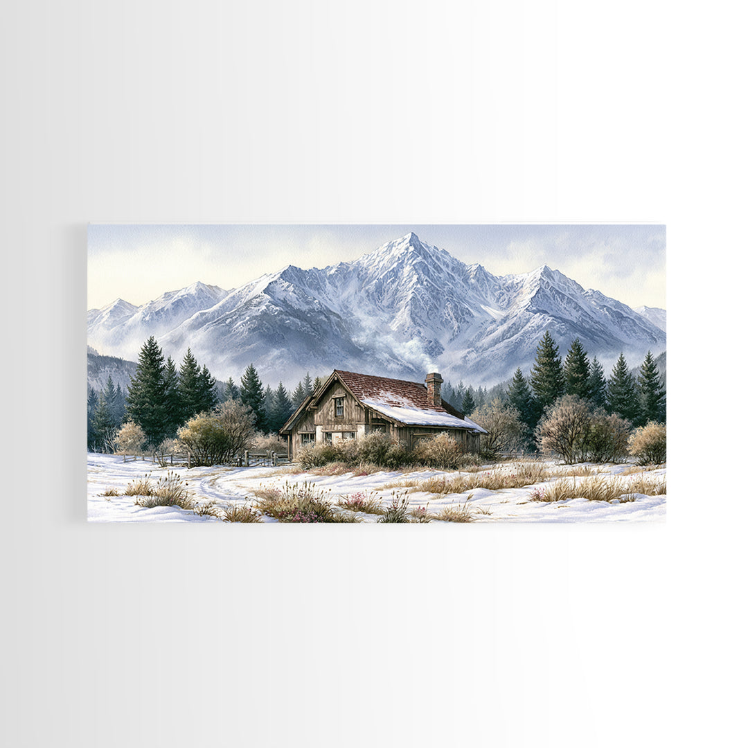 Winter Mountain Scene Framed Canvas Print, Rustic Art, Printable Wall Art, Farmhouse Decor, Watercolor Art, Rustic, Wood Art, RUS-2x1-91