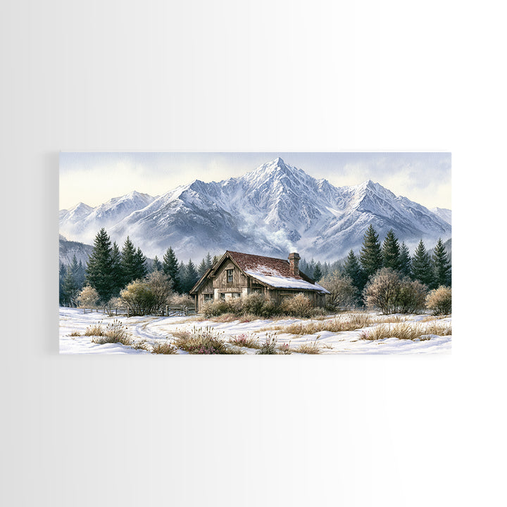 Winter Mountain Scene Framed Canvas Print, Rustic Art, Printable Wall Art, Farmhouse Decor, Watercolor Art, Rustic, Wood Art, RUS-2x1-91