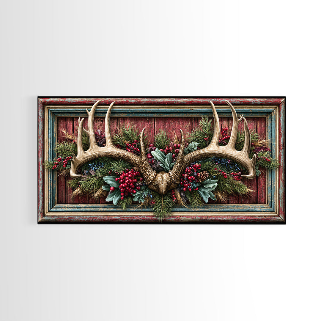 Deer Antlers with Pine Branches and Berries Canvas Print, Rustic Art, Painting, Farmhouse Decor, Oil Painting, Rustic, RUS-2x1-94