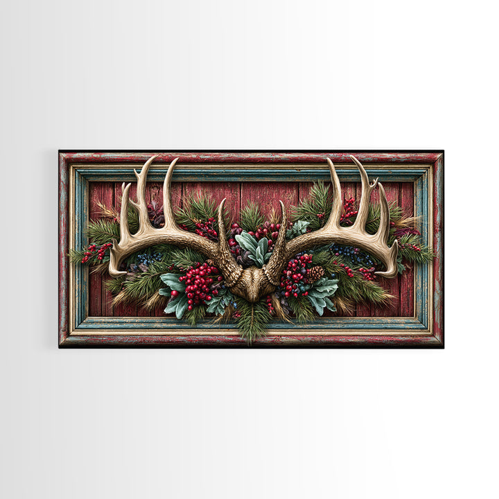 Deer Antlers with Pine Branches and Berries Canvas Print, Rustic Art, Painting, Farmhouse Decor, Oil Painting, Rustic, RUS-2x1-94
