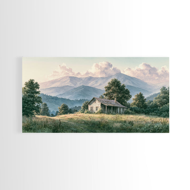 Mountain Cabin Landscape Framed Canvas Print, Rustic Art, Living Room Art, Farmhouse Decor, Oil Painting, Rustic, RUS-2x1-95