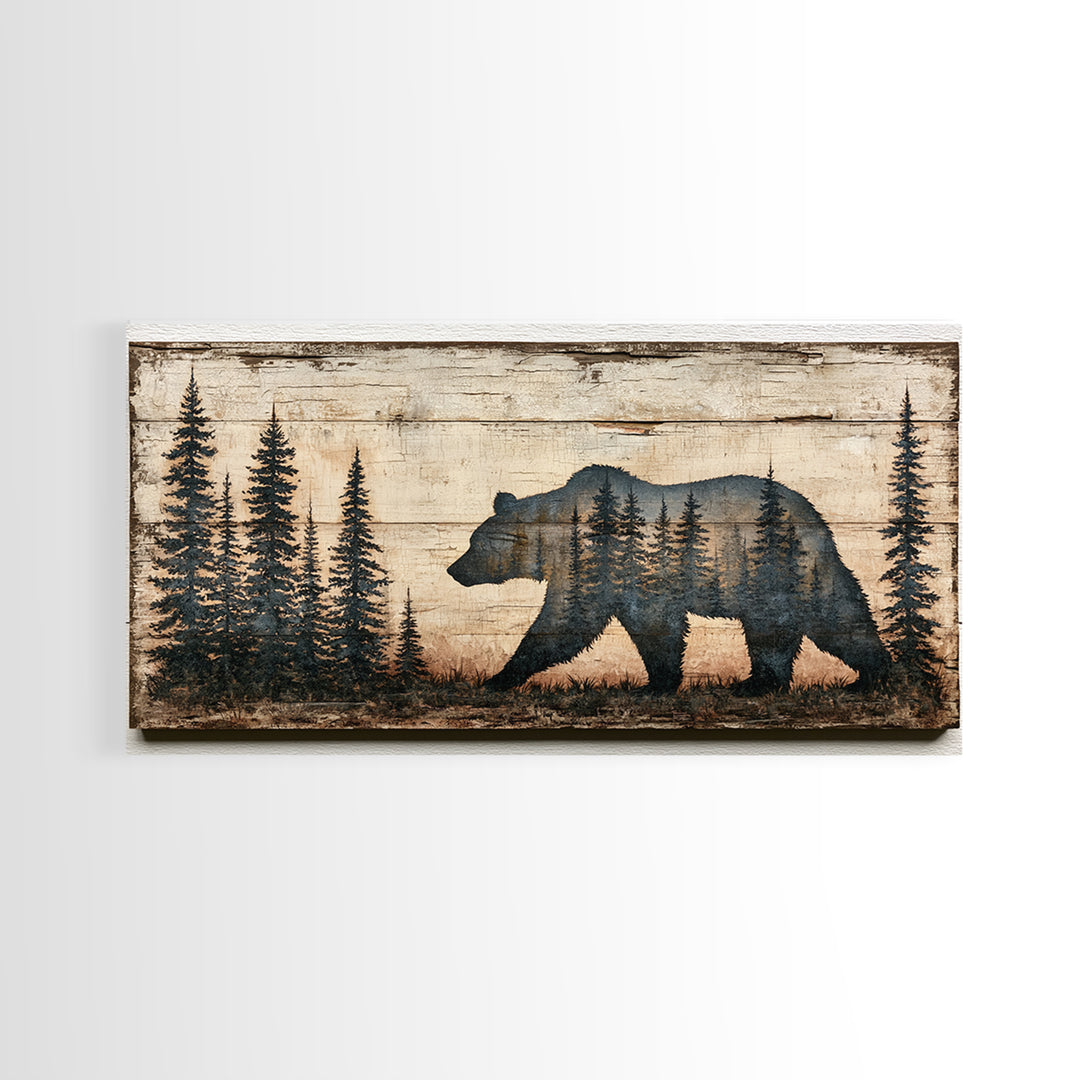 Bear Silhouette Among Pine Trees Framed Canvas Print, Rustic Art, Abstract Wall Art, Farmhouse Decor, Fine Art, Rustic, RUS-2x1-99