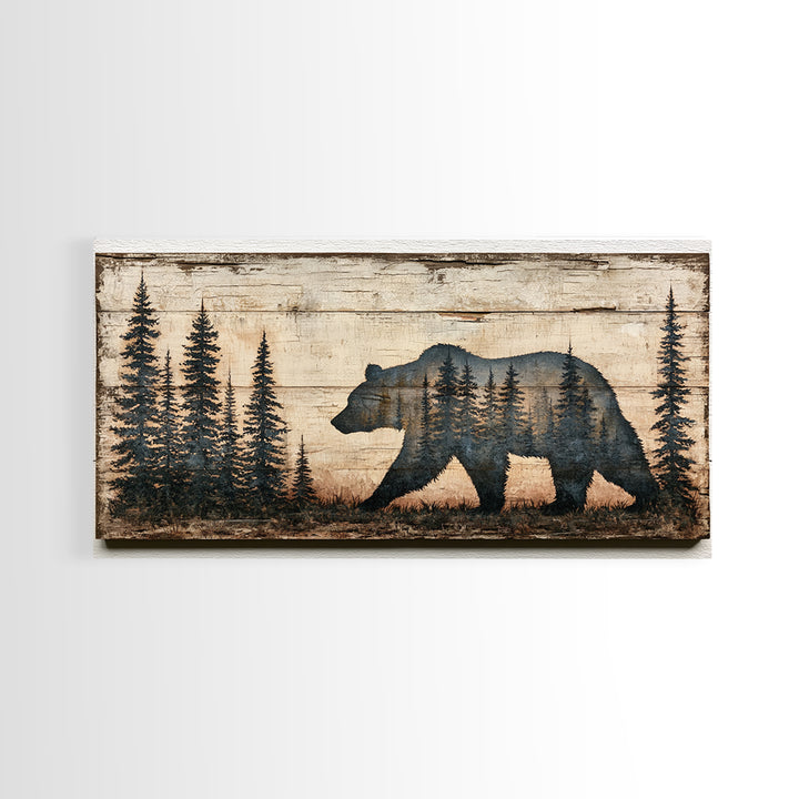 Bear Silhouette Among Pine Trees Framed Canvas Print, Rustic Art, Abstract Wall Art, Farmhouse Decor, Fine Art, Rustic, RUS-2x1-99
