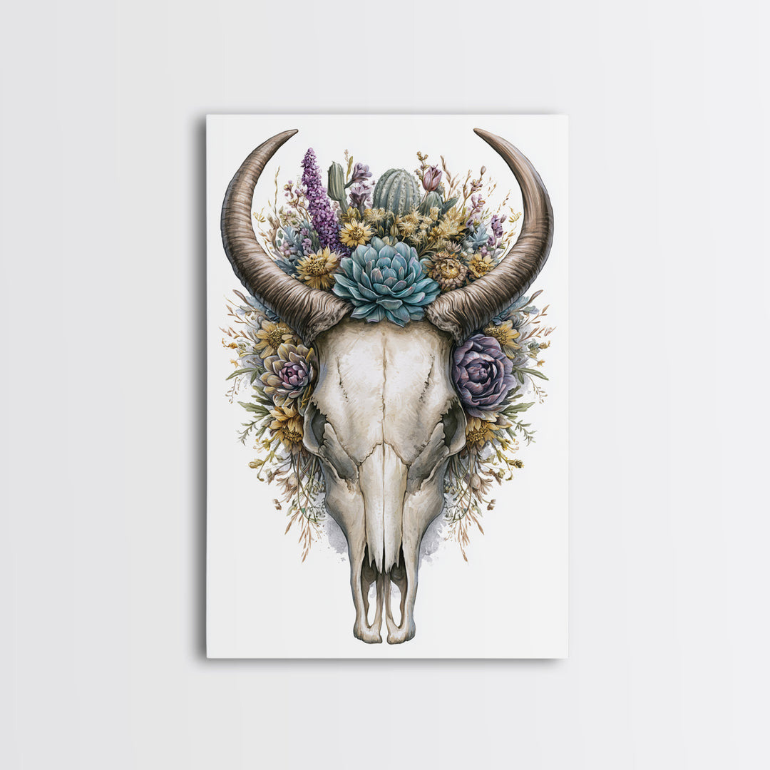 Cow Skull with Desert Flowers Framed Canvas Print, Rustic Art, Wall Art, Farmhouse Decor, Oil Painting, Rustic, RUS-2x3-1