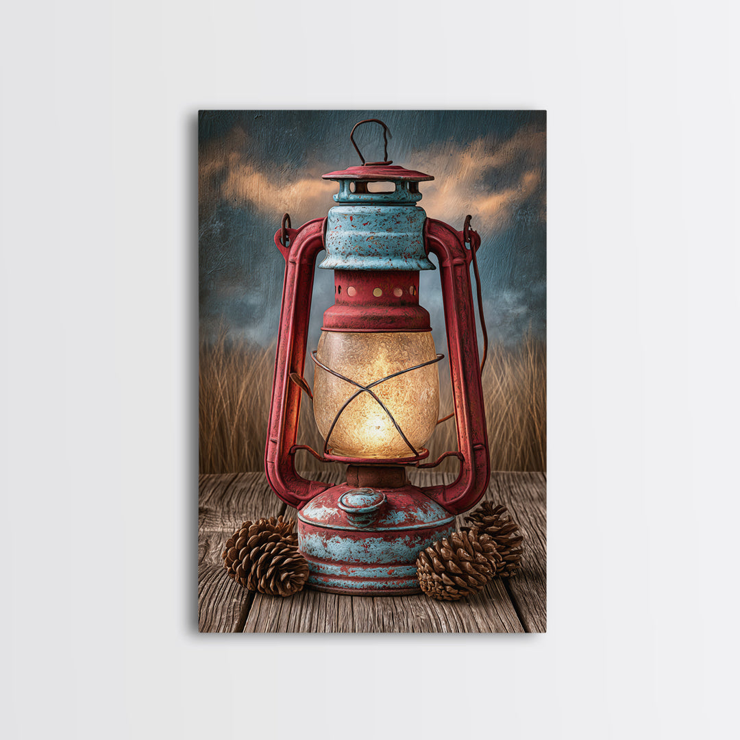 Rustic Lantern Glowing Beside Pinecones Framed Canvas Print, Rustic Art, Minimalist Decor, Farmhouse Decor, Oil Painting, RUS-2x3-12