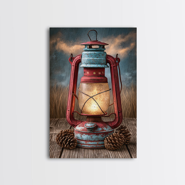 Rustic Lantern Glowing Beside Pinecones Framed Canvas Print, Rustic Art, Minimalist Decor, Farmhouse Decor, Oil Painting, RUS-2x3-12