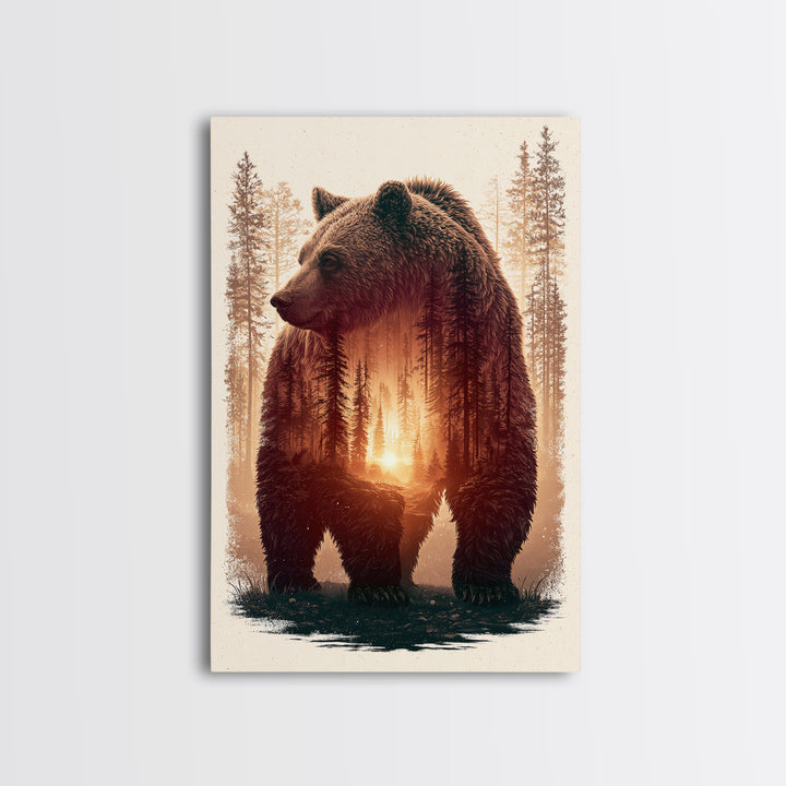 Bear Silhouette Among Pine Trees Canvas Print, Rustic Art, Gallery Decor, Farmhouse Decor, Fine Art, Rustic, Contemporary Art, RUS-2x3-15