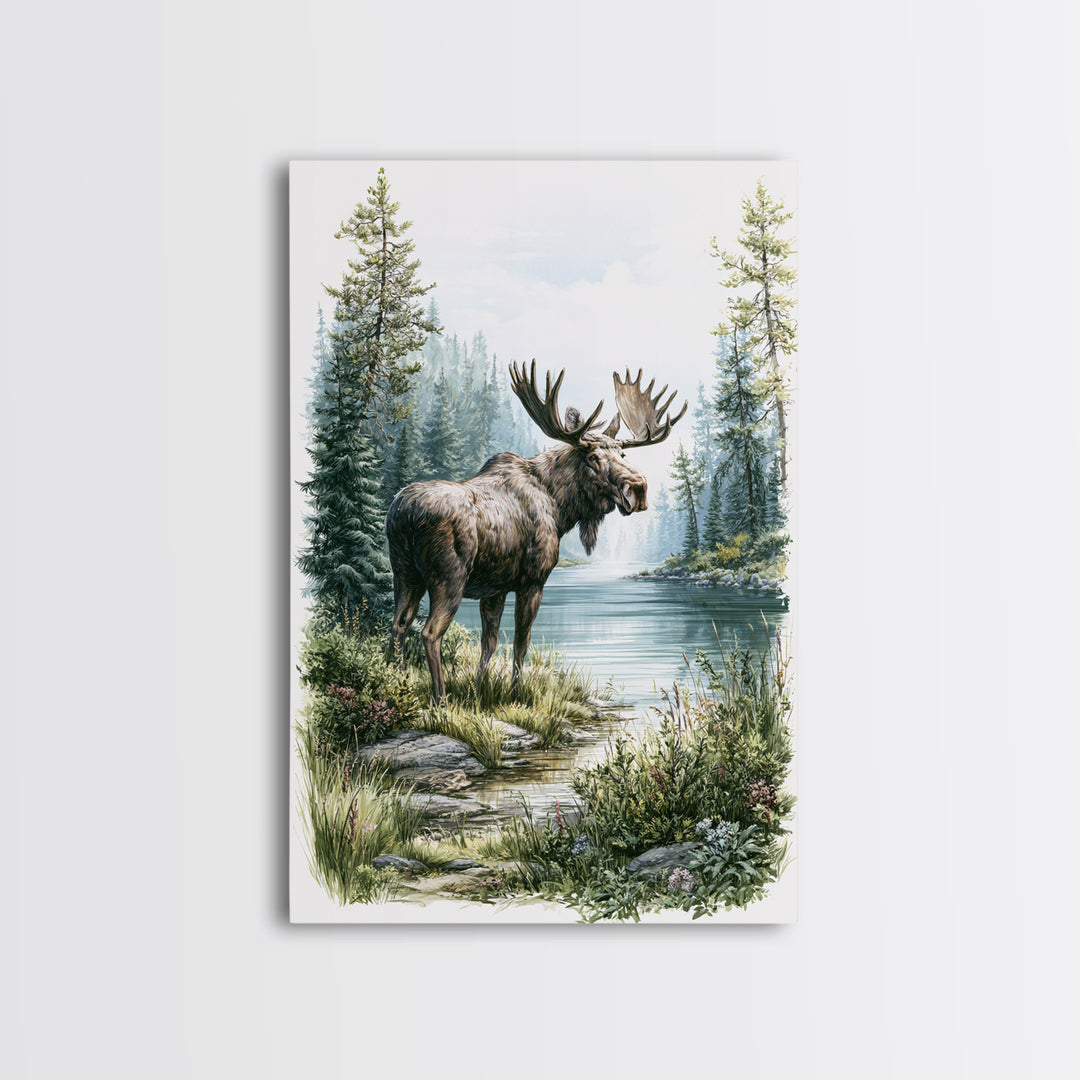 Moose Standing by a Quiet Lake Framed Canvas Print, Rustic Art, Digital Prints, Farmhouse Decor, Fine Art, Rustic, 3d Wall Art, RUS-2x3-17