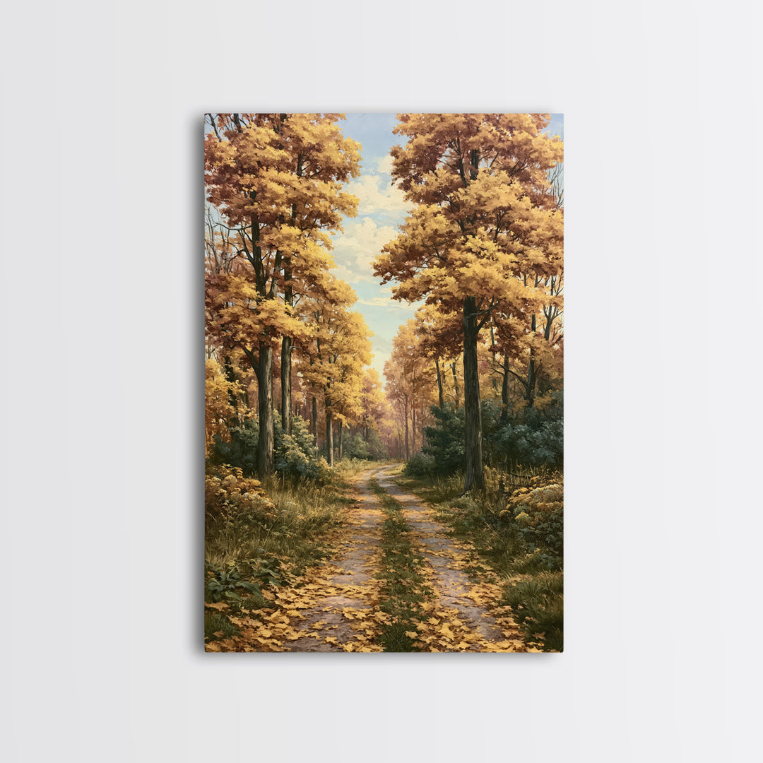 Forest Path with Golden Autumn Leaves Framed Canvas Print, Rustic Art, Statement Artwork, Farmhouse Decor, Fine Art, Rustic, RUS-2x3-2