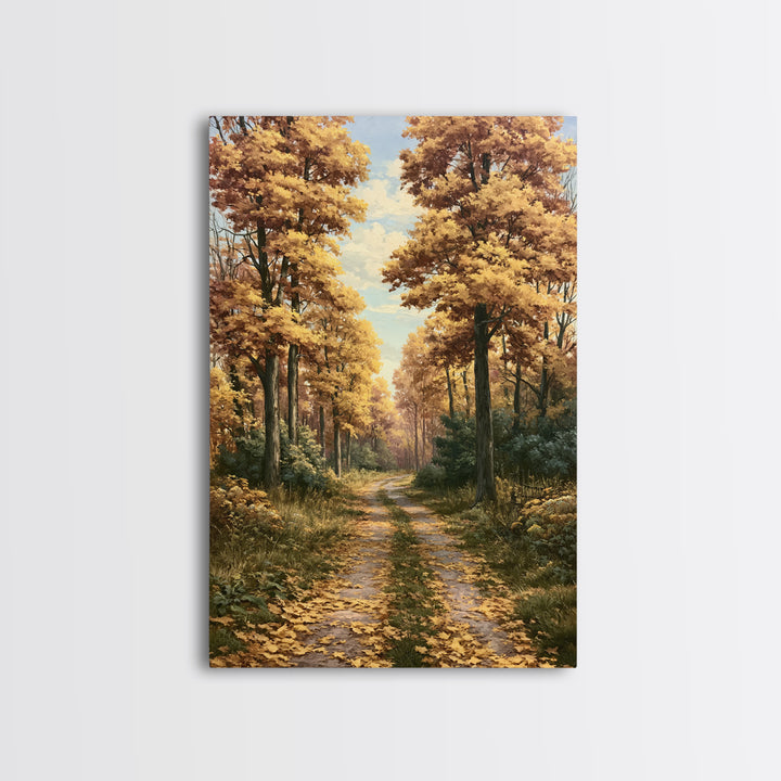 Forest Path with Golden Autumn Leaves Framed Canvas Print, Rustic Art, Statement Artwork, Farmhouse Decor, Fine Art, Rustic, RUS-2x3-2