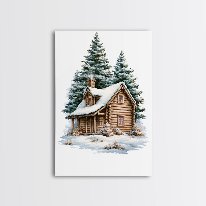 Log Cabin with Snowy Pines Canvas Print, Rustic Art, Luxury Decor, Farmhouse Decor, Fine Art, Rustic, Printable Wall Art, RUS-2x3-23