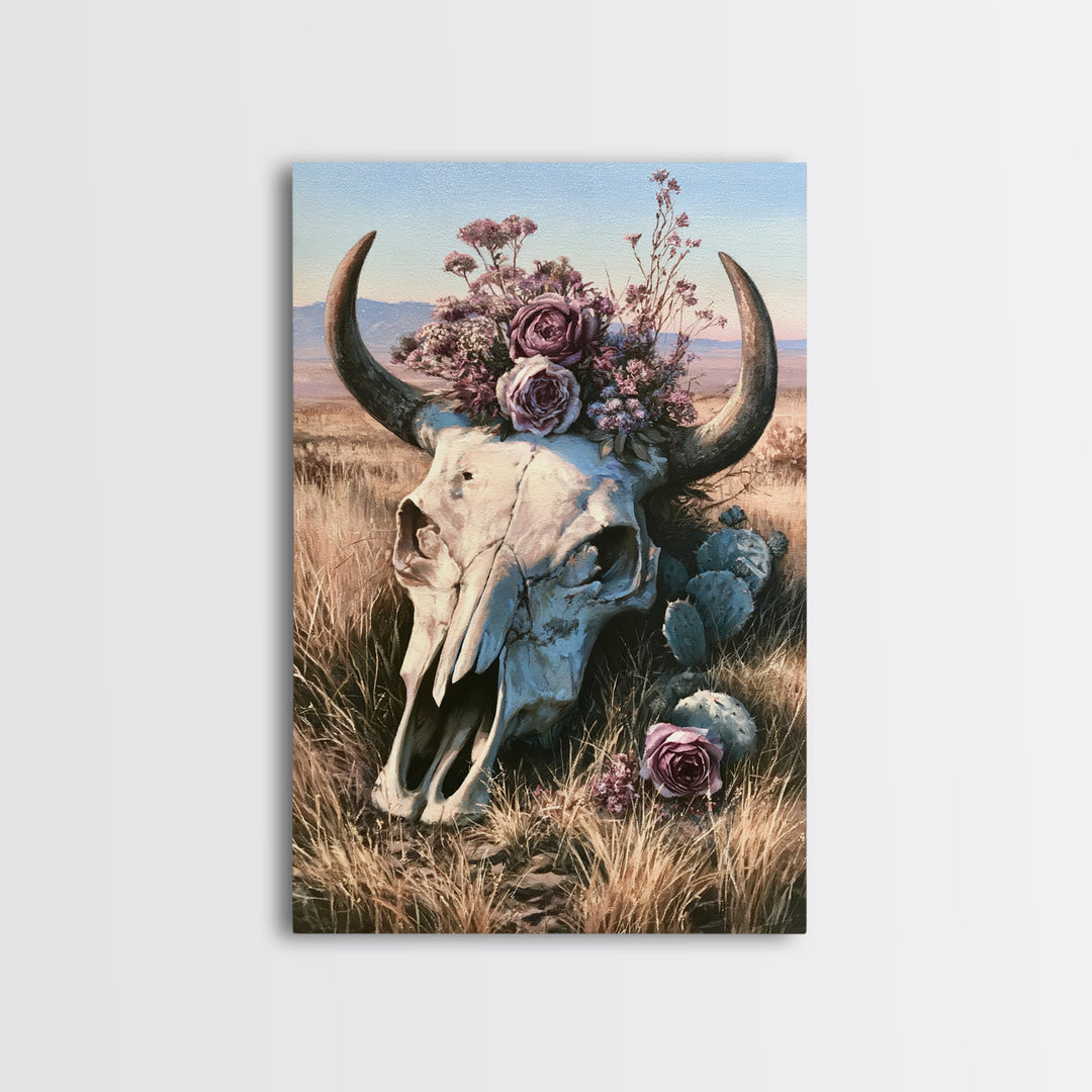 Cow Skull with Desert Flowers Framed Canvas Print, Rustic Art, Wall Art, Farmhouse Decor, Oil Painting, Rustic, RUS-2x3-25