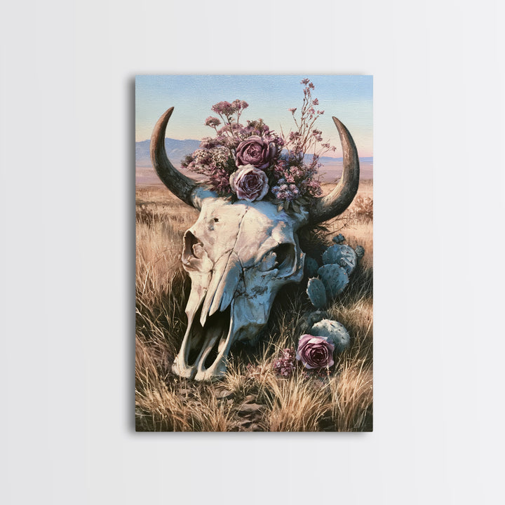 Cow Skull with Desert Flowers Framed Canvas Print, Rustic Art, Wall Art, Farmhouse Decor, Oil Painting, Rustic, RUS-2x3-25
