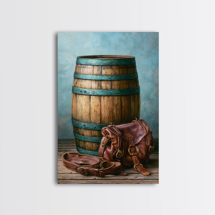 Whiskey Barrel and Leather Still Life Framed Canvas Print, Rustic Art, Downloadable Art, Farmhouse Decor, Fine Art, Rustic, RUS-2x3-3