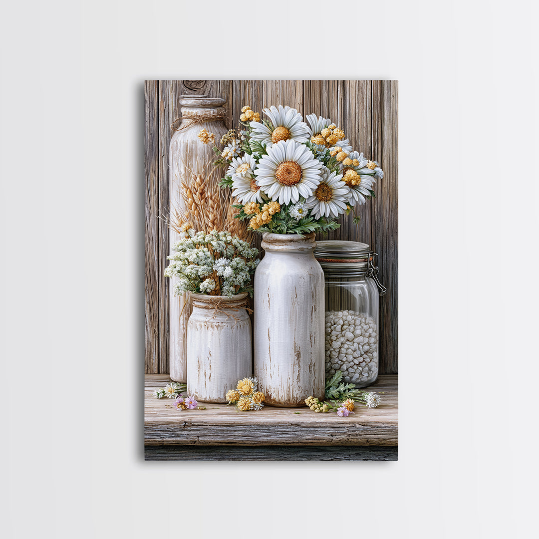 Weathered Barn Wood and Wildflower Still Life Framed Canvas Print, Rustic Art, Oil Painting, Farmhouse Decor, Fine Art, Rustic, RUS-2x3-33