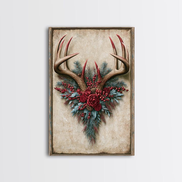 Deer Antlers with Pine Branches and Berries Framed Canvas Print, Rustic Art, Farmhouse Decor, Watercolor Art, Rustic, RUS-2x3-34
