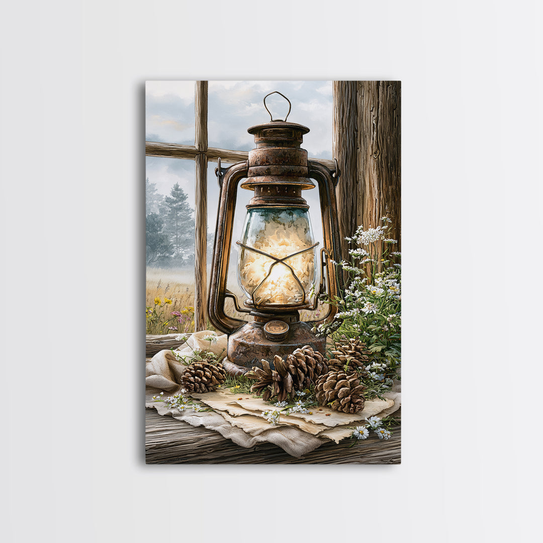 Rustic Lantern Glowing Beside Pinecones Framed Canvas Print, Rustic Art, Landscape Painting, Farmhouse Decor, Watercolor Art, RUS-2x3-36