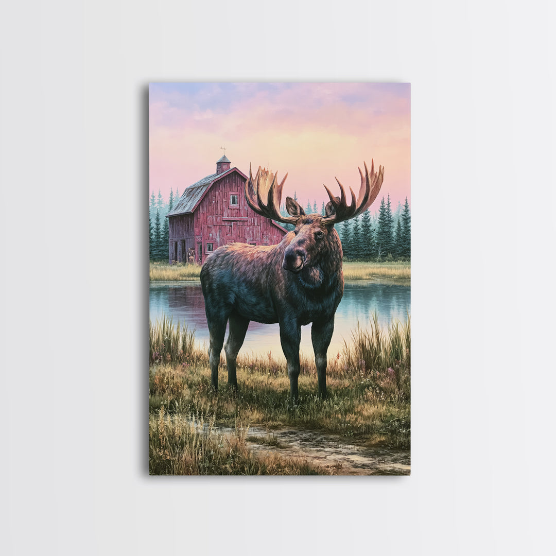 Moose Standing by a Quiet Lake Framed Canvas Print, Rustic Art, Digital Prints, Farmhouse Decor, Fine Art, Rustic, 3d Wall Art, RUS-2x3-41